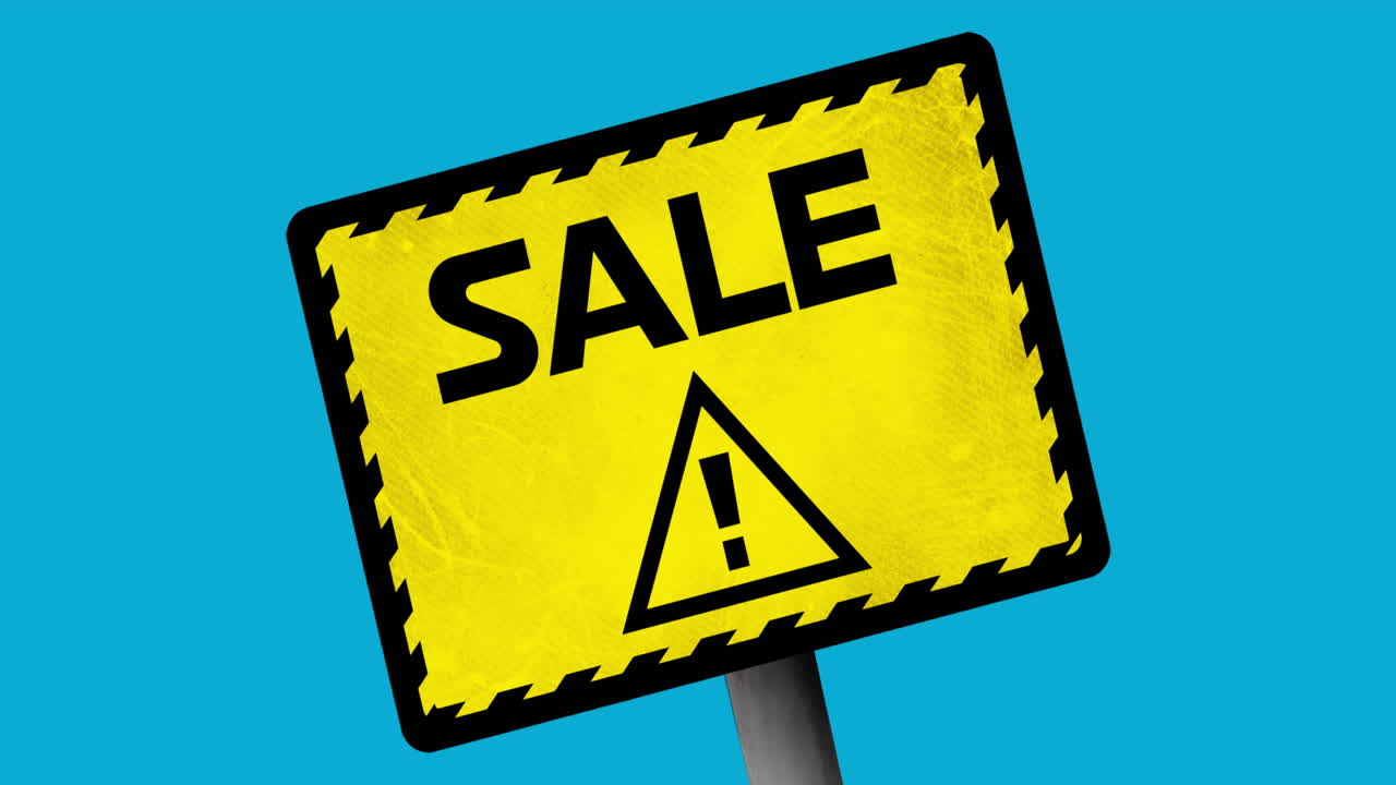 Animation of microscope icons and sign with sale text on blue background