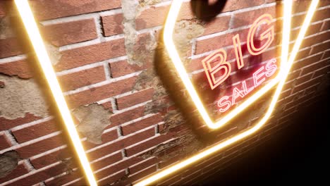 big sales neon sign, swinging in front of a brick wall, with cracks and dirt all over, and color-changing neon letters, 3d animation camera zoom out upwards