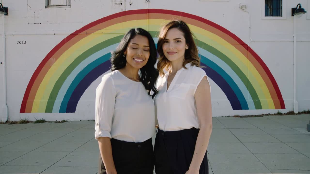 Two women posing by rainbow mural while camera zooming, shifting heads and smiling for marketing
