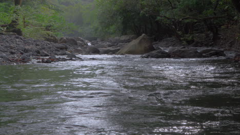 Gentle-stream-flowing-over-rocks-in-Cajones-de-Chame,-Panama,-surrounded-by-lush-foliage