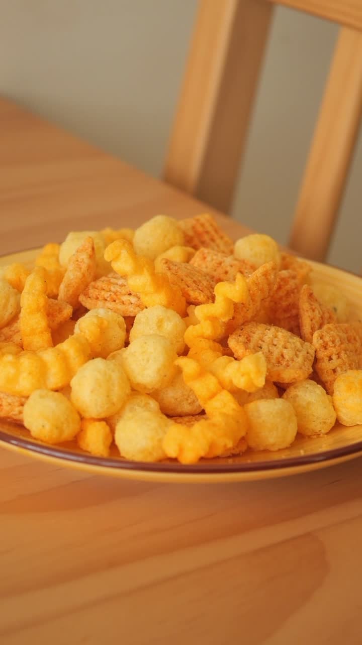 Varietà di snack croccanti serviti su un tavolo di legno.