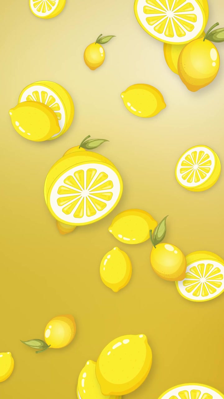 Limoni stilizzati interi e a fette cadono verticalmente su uno sfondo sfumato a rete giallo vibrante