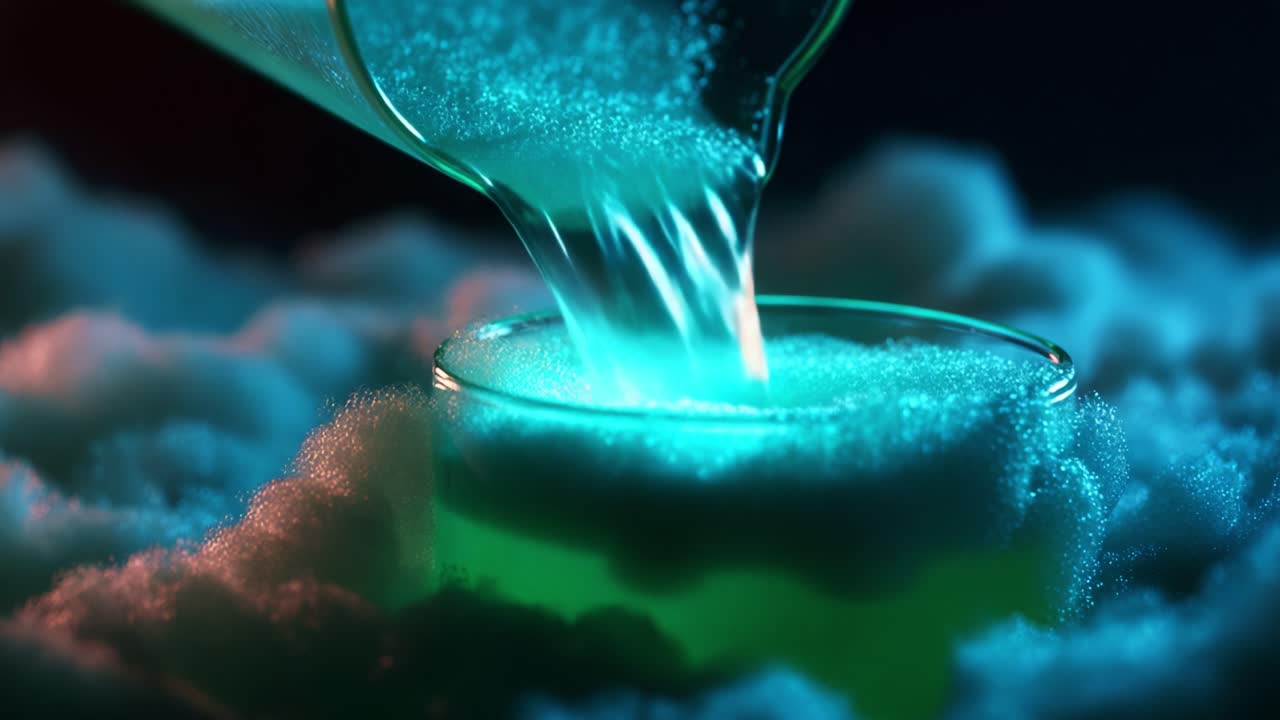 Captivating Visual Journey of Liquid Transformation: A Close-Up Exploration of Bubbles, Colorful Fluid Dynamics, and Captivating Scientific Experimentation Unfolding in a Laboratory Setting