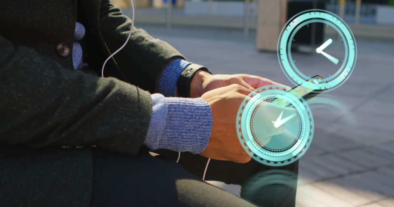 Animation of clock moving over businessman using smartphone