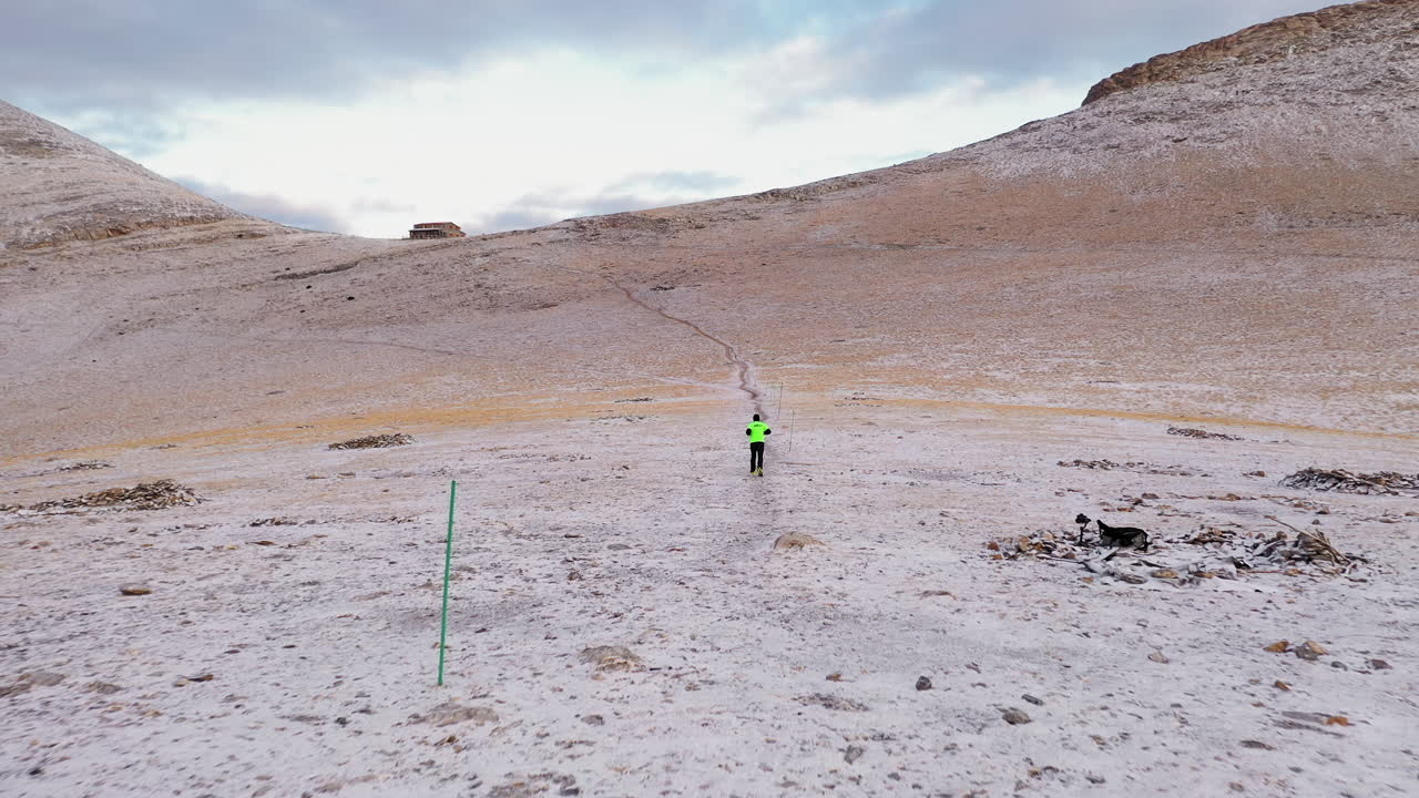 Running outdoor in Plateau of Muses, Mount Olympus, Greece aerial follow view sport exercise