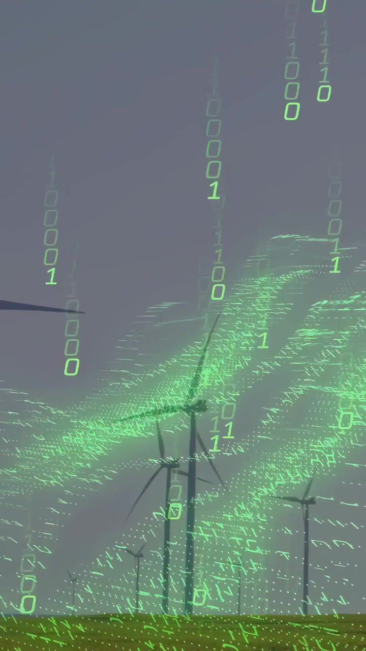 Video verticale: Punti verdi che si formano sopra le turbine, frammenti che cadono, pale che girano, mostrando il flusso del vento.