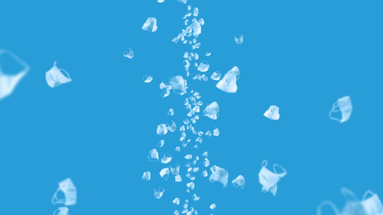 파란색 바탕에 많은 색 마스크를 날리는 의료 개념, 수술 보호 마스크, 마스크 회전의 3d 애니메이션, 루프 애니메이션.