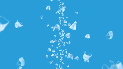 volando muchas máscaras blancas en fondo azul. concepto médico. máscaras de protección quirúrgicas. animación 3d de la máscara giratoria. animación de bucle.