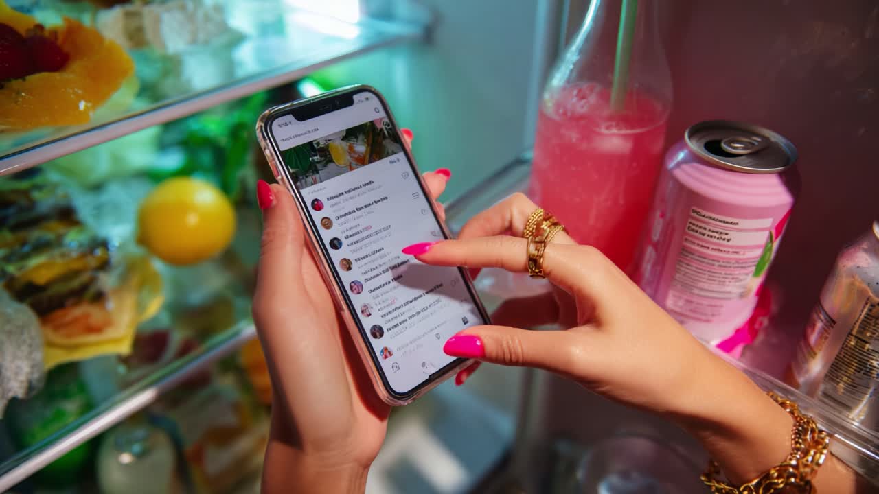 A close-up view of a person's hands with vibrant pink nails using a smartphone to navigate social media content while standing in front of a well-stocked refrigerator filled with food