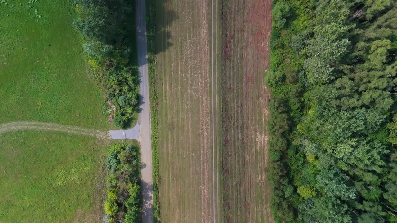 Aerial tilt-down view from the ground dam that protects the green fields from the Bodrog River at Sárospatak in Hungary