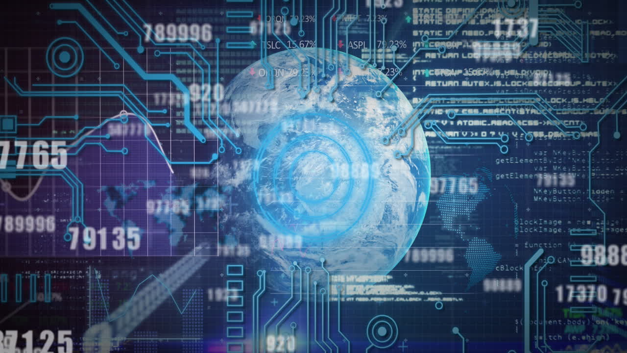 Animation of scope scanning, data processing and numbers changing over globe
