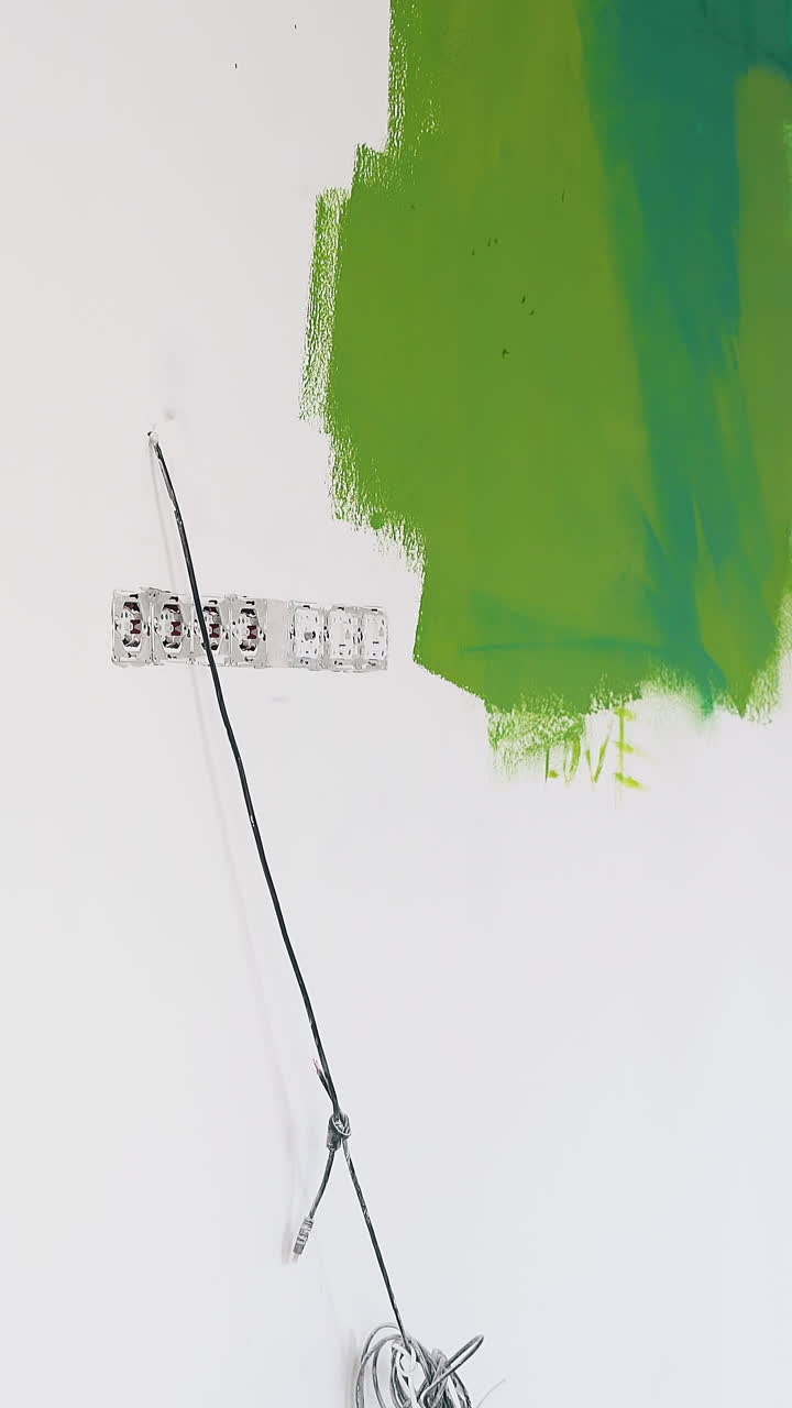 Dolly cam: slim woman and young man wearing coveralls with respirators come to wall with color stain in repairing room