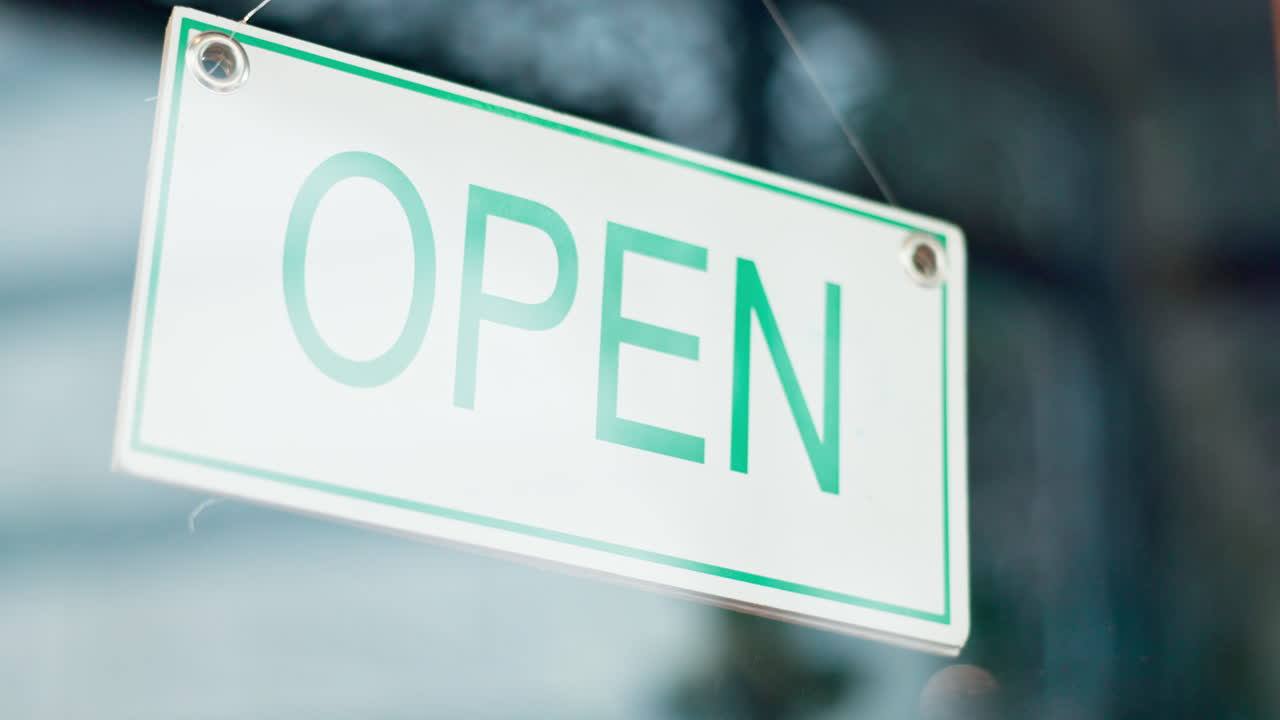 Open sign, front door and happy restaurant man