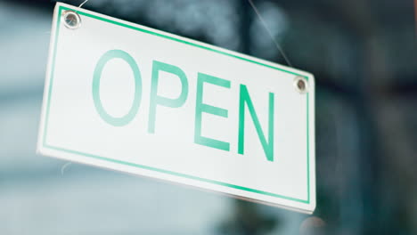 open sign, front door and happy restaurant man