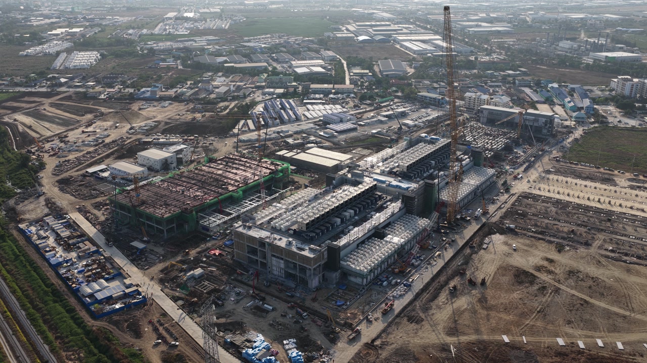 Aerial drone video showing the construction of Bangkok 2 Data Center in Thailand, featuring digital infrastructure, hyperscale growth, cloud capacity, and large industrial development.