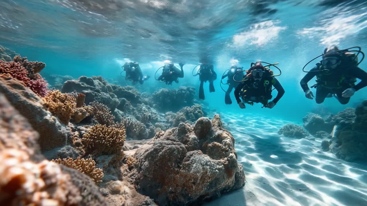 Exploration sous-marine: Un groupe de plongeurs naviguant à travers des récifs coralliens colorés dans des eaux cristallines, capturant la beauté de la vie marine et des écosystèmes