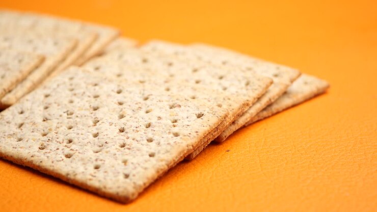 Stacked Whole Wheat Crackers on Orange Background