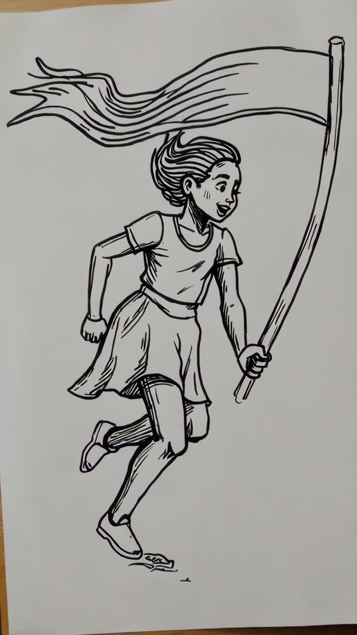 Black and White Drawing of a Girl Running with a Waving Flag