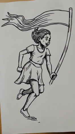 black and white drawing of a girl running with a waving flag