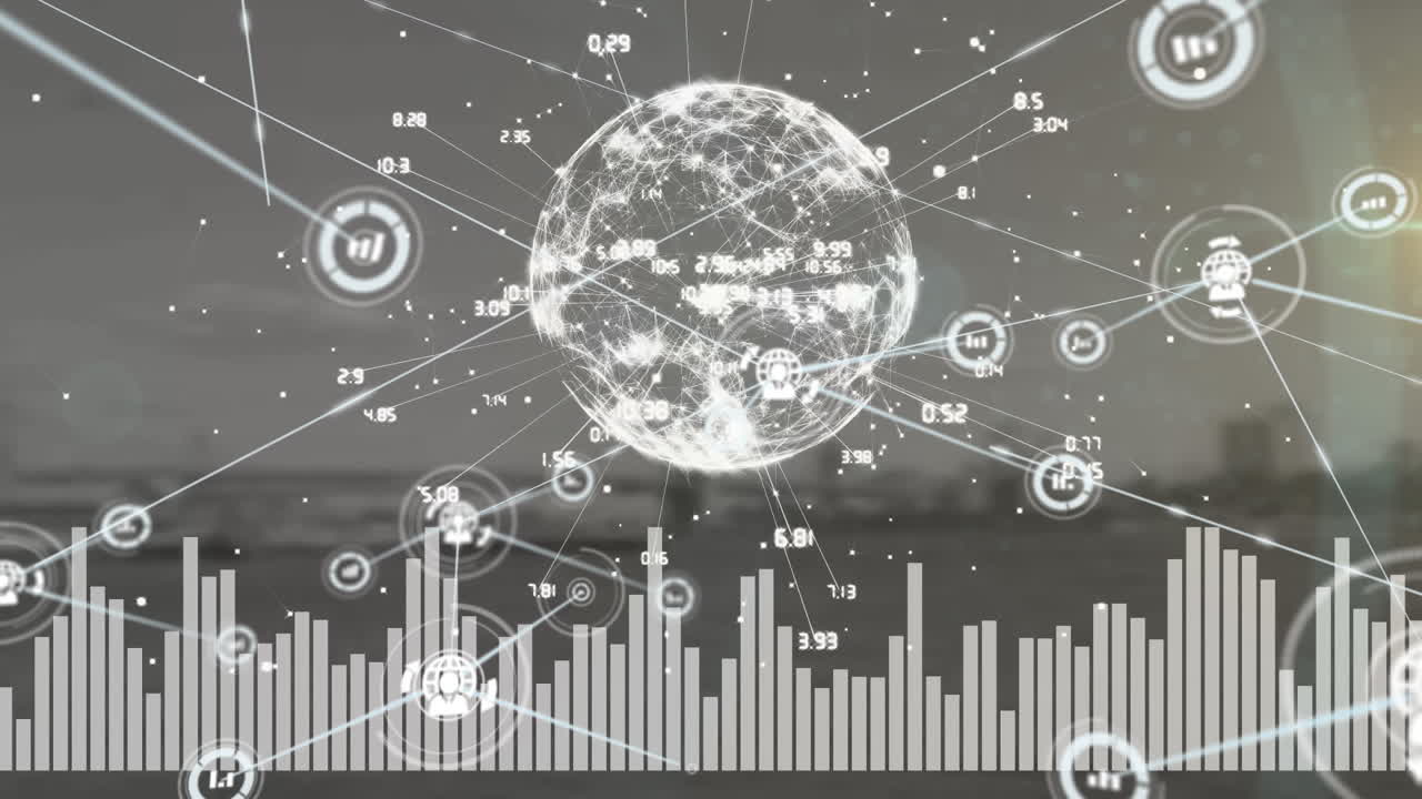 animación de la red de conexiones y globo sobre la ciudad