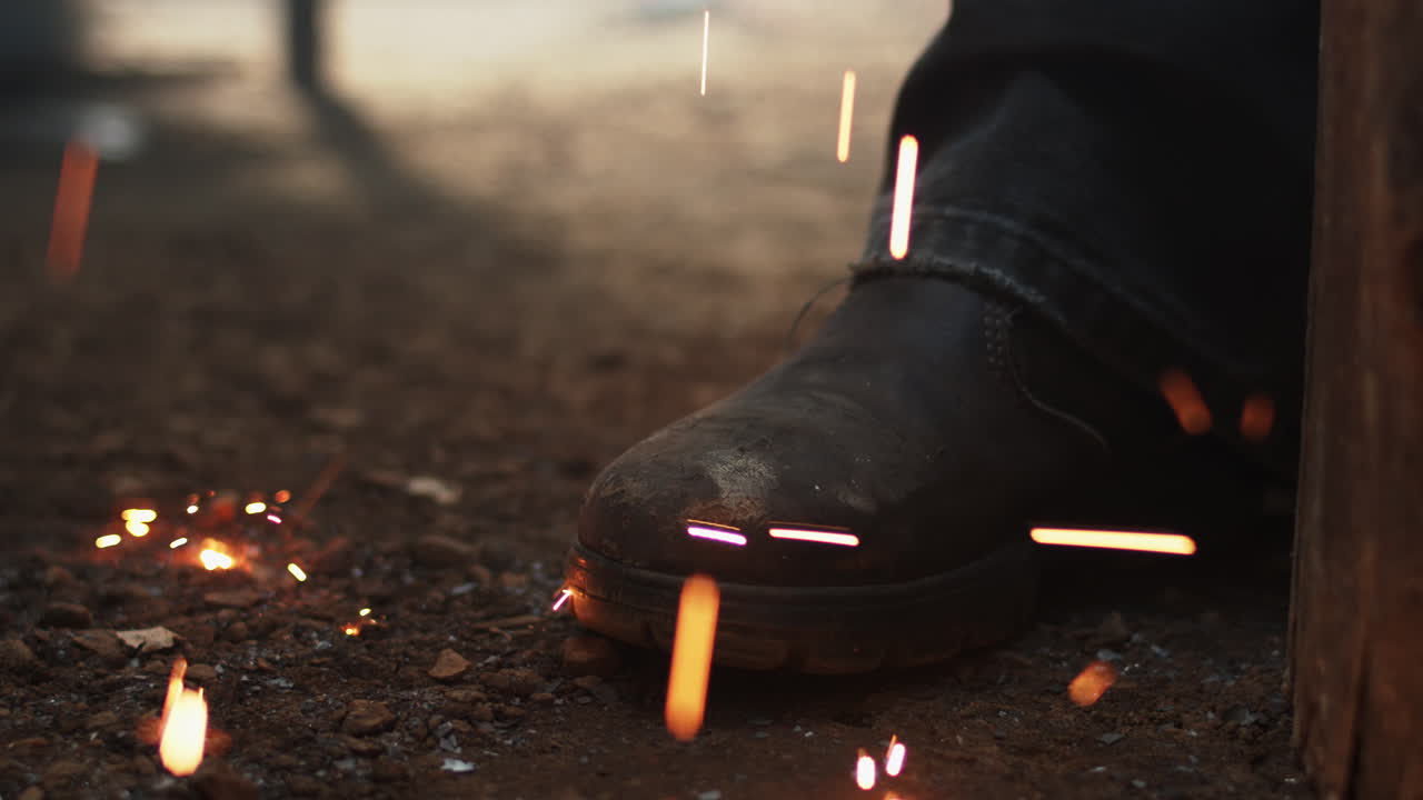 las chispas caen al suelo y golpean la bota del trabajador del metal mientras el herrero suelda en un taller.