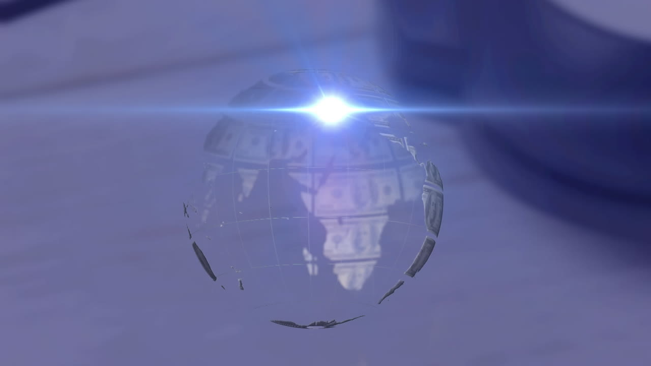 animación de un globo giratorio de billetes de dólar y un reflector en movimiento sobre un fondo gris