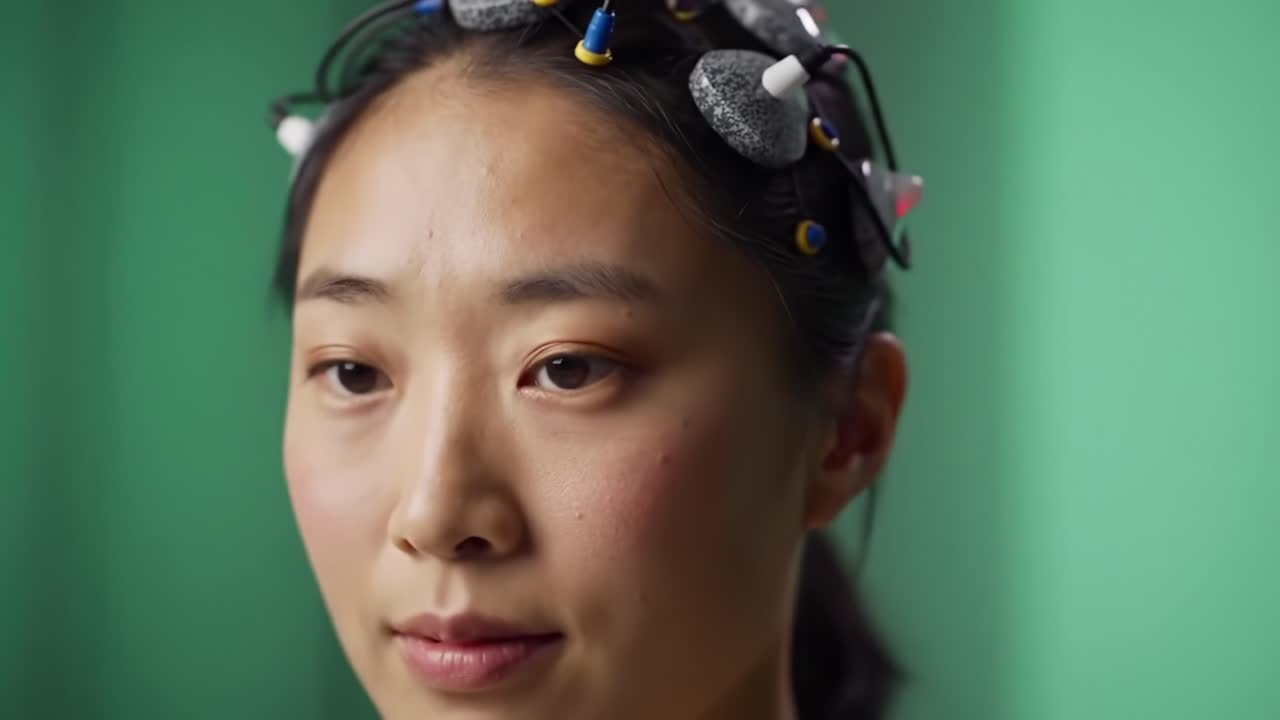 An Engaging Study in Neurotechnology: A Close-Up Exploration of an Individual Preparing for a Brainwave Monitoring Session with Electrode Caps for Enhanced Cognitive Research