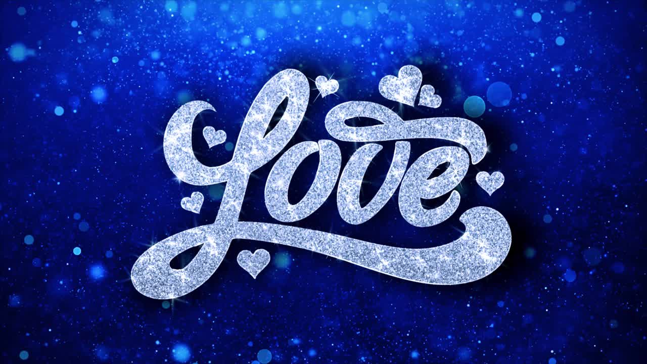 Glittering Love Text on a Blue Background