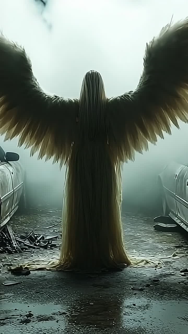 Angelic figure amidst abandoned cars. A striking figure with large wings stands between two damaged vehicles, shrouded in mist and mystery.