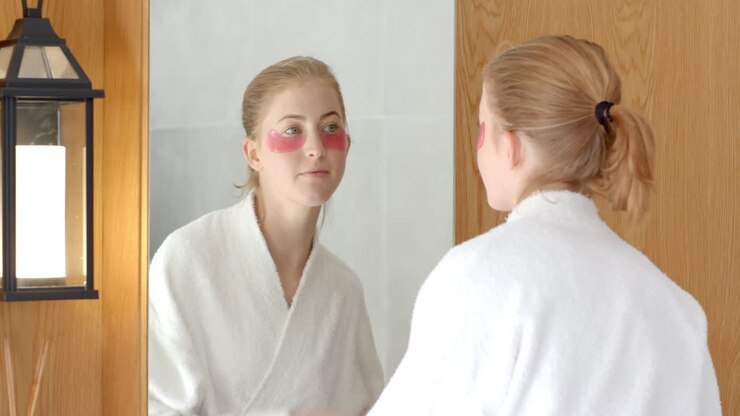Applying under-eye patches, woman in bathrobe looking in bathroom mirror