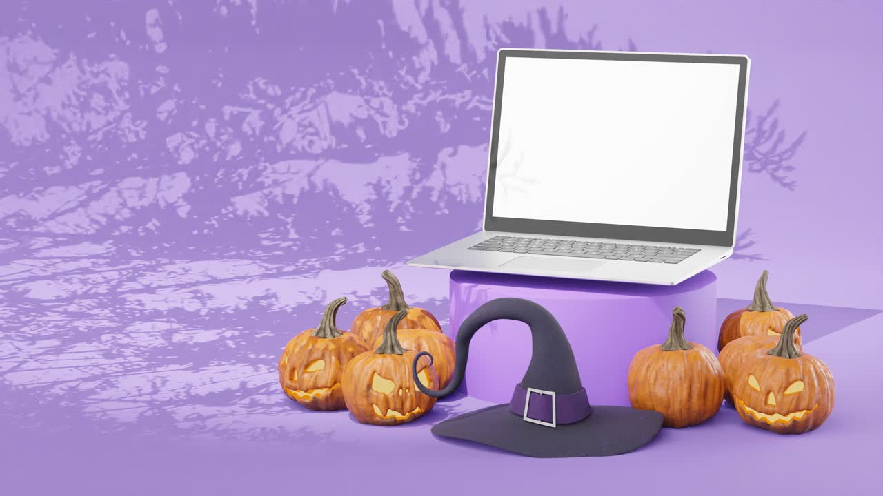хэллоуинские тыквы и ноутбук с белым экраном, рекламный фон с текстовым пространством