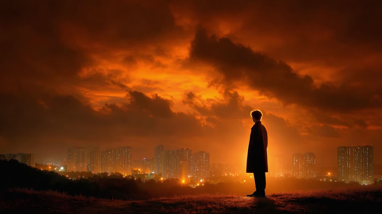 A solitary figure stands silhouetted against a dramatic sunset over a city skyline, with vibrant orange and dark clouds creating a hauntingly beautiful atmosphere