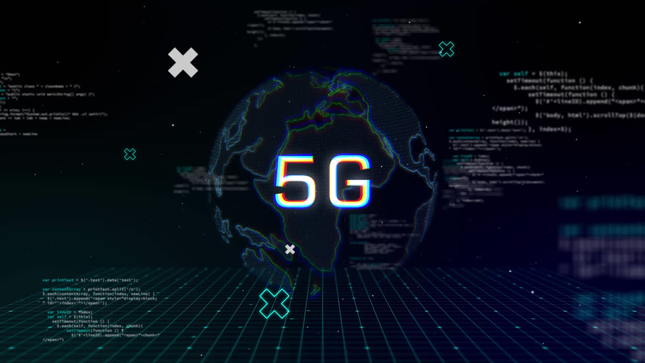 animazione di 5g sul globo e elaborazione dei dati su schermo digitale