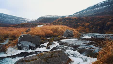 Arroyo-De-Un-Río-Rodeado-De-Montañas-Nevadas-En-Islandia