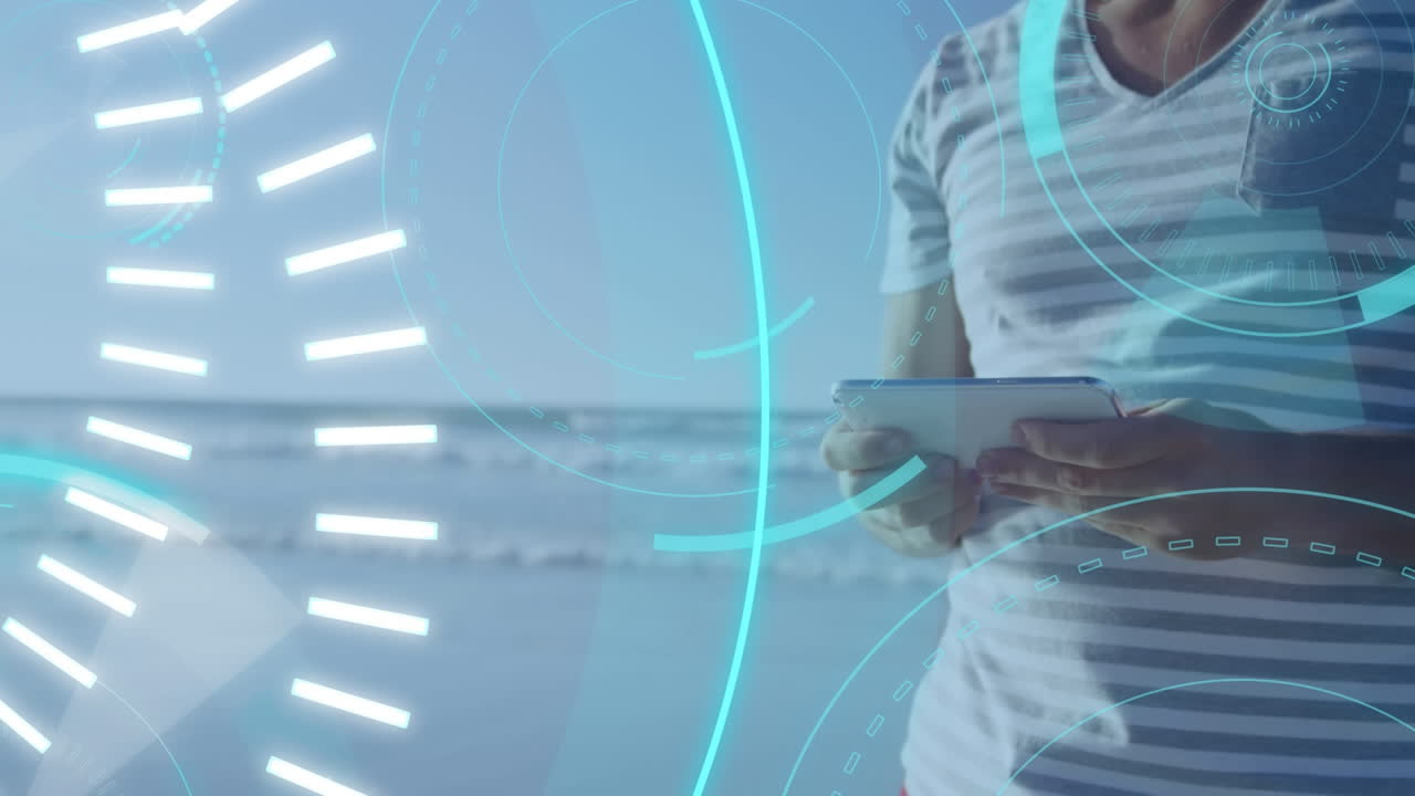 hombre usando una tableta y 5g escrito en el medio de un círculo futurista