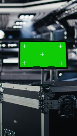 vertical video close up of green screen tablet inside spacecraft used for monitoring systems