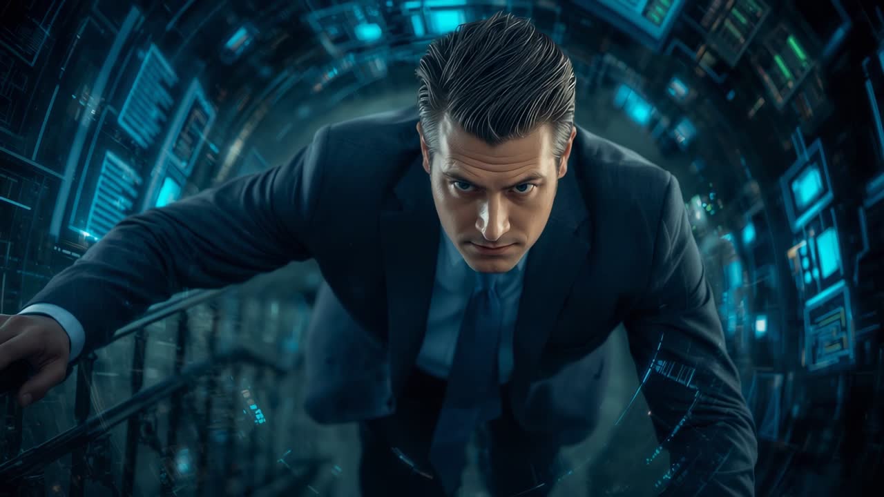 Homem de terno segurando o corrimão e escalando um túnel de dados em busca da saída, com painéis brilhantes