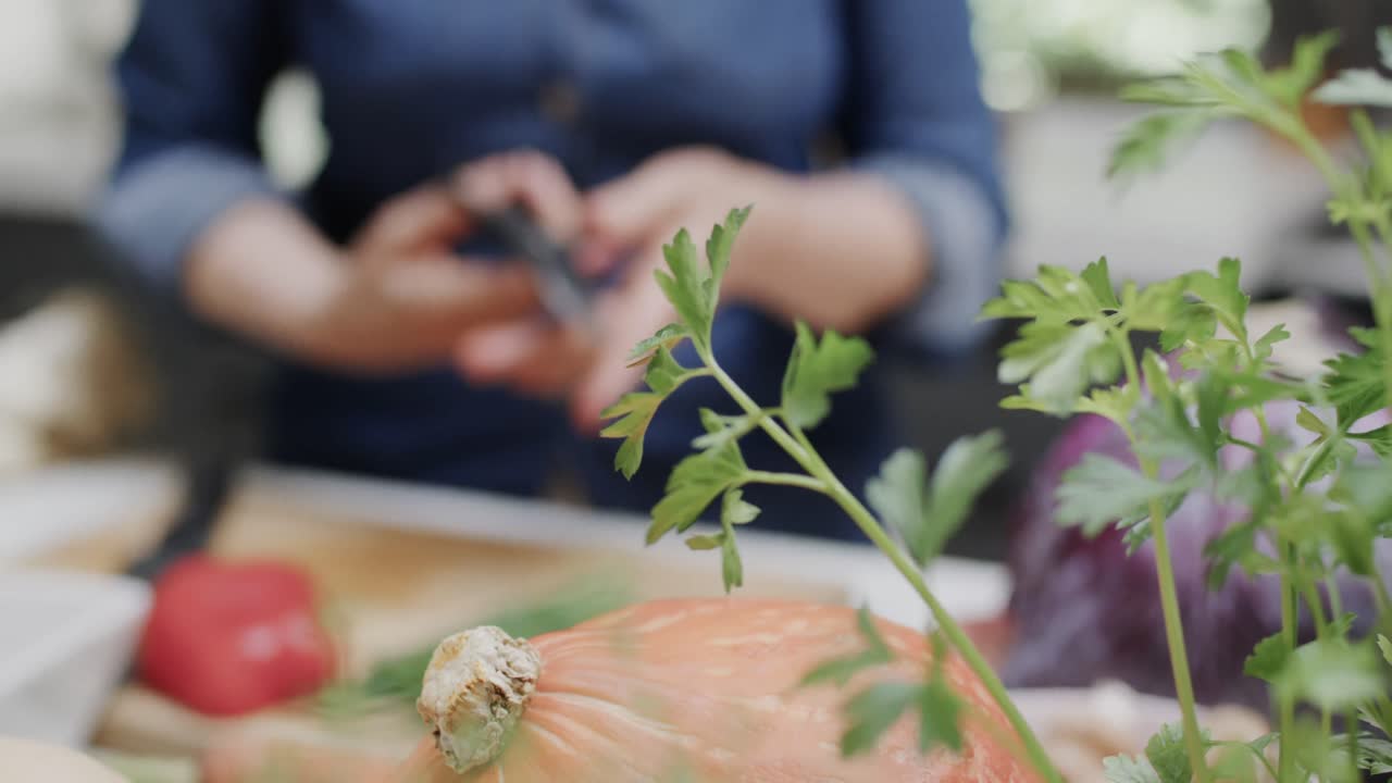 sección media de una mujer caucásica mayor cortando hierbas en la cocina, cámara lenta