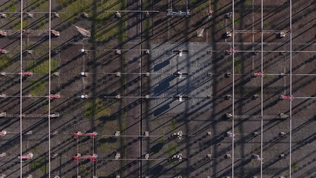 Drone topdown view shot Energy substation. European union eletricity grid. High voltage. Converters. Battery storage