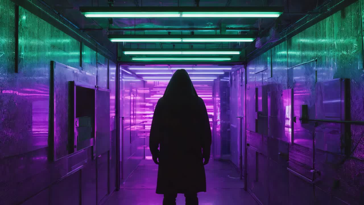 Mysterious Hooded Figure in a Neon-Lit Futuristic Corridor