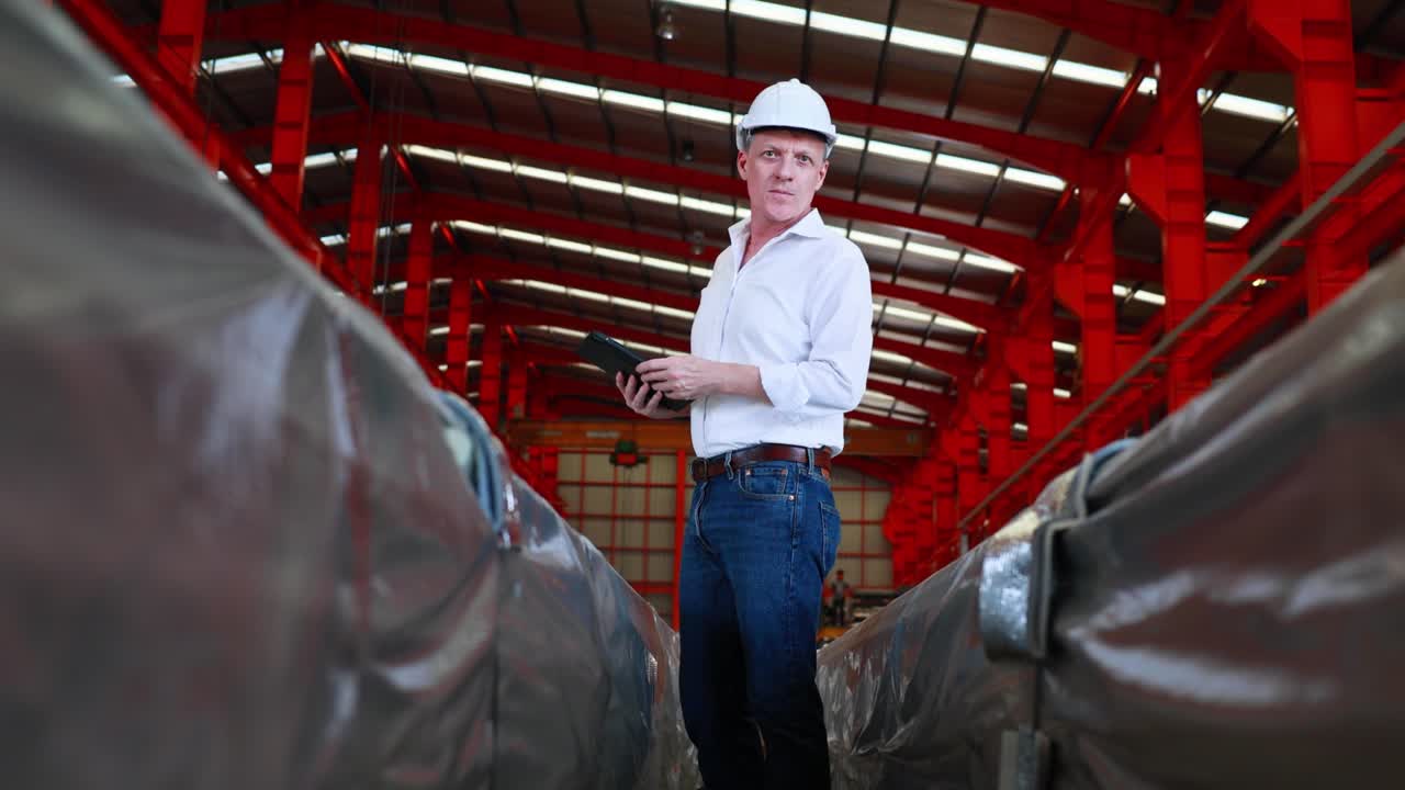 retrato de un ingeniero civil de diseño profesional con casco de seguridad sosteniendo una tableta digital en una gran fábrica industrial. propietario de una pequeña empresa.