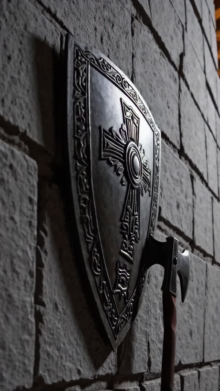 Medieval Shield and Axe on a Stone Wall