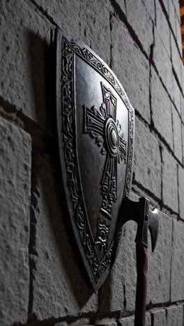 medieval shield and axe on a stone wall