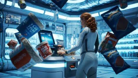 a futuristic scene with a space explorer engaging with a high-tech food dispenser surrounded by floating snacks in a vibrant sci-fi environment