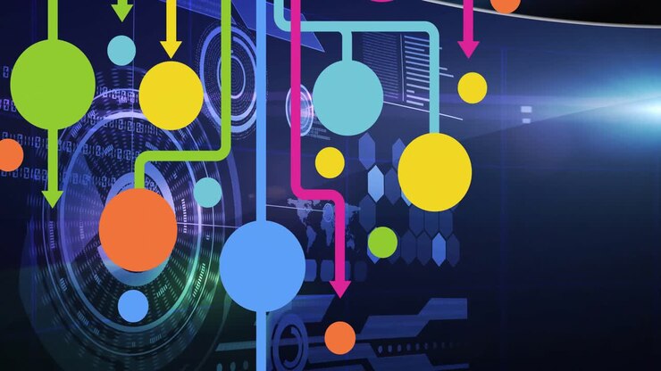 Animation of network of connections with digital icons over data processing in background