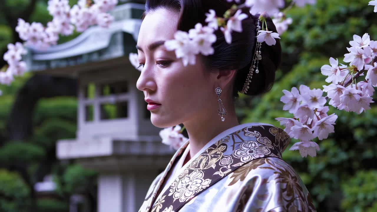 Woman in Kimono with Cherry Blossoms