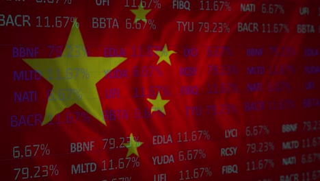 Animation-of-chinese-flag-waving-over-financial-data-processing