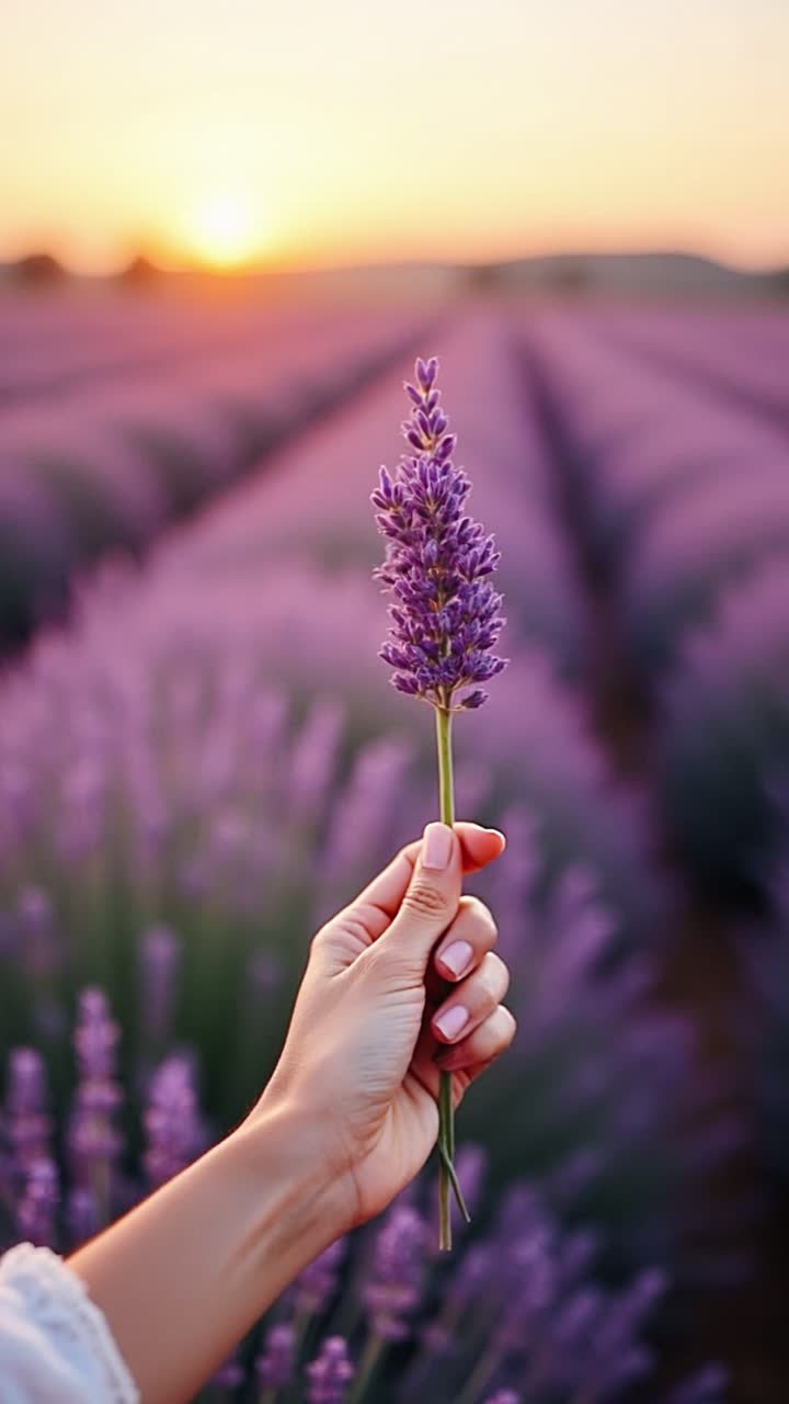 Hand Holding Lavender in a Blooming Field at Sunset