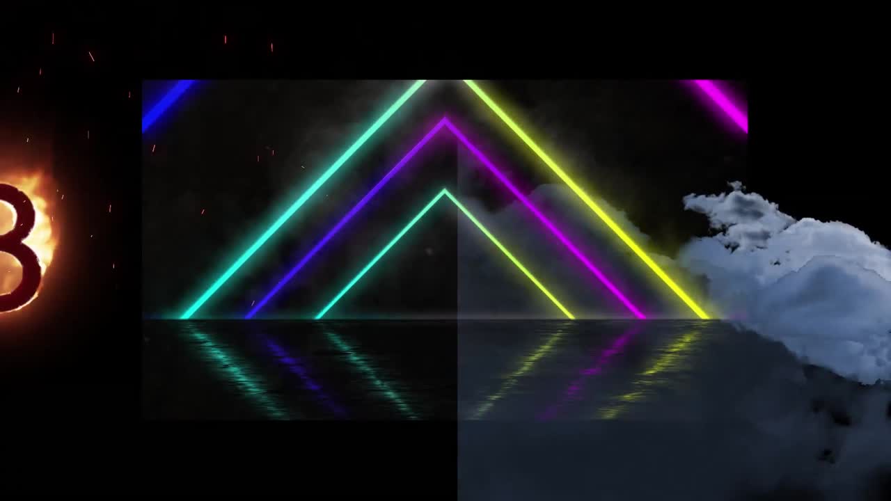 animación de líneas de neón y número en llamas sobre nubes sobre fondo negro