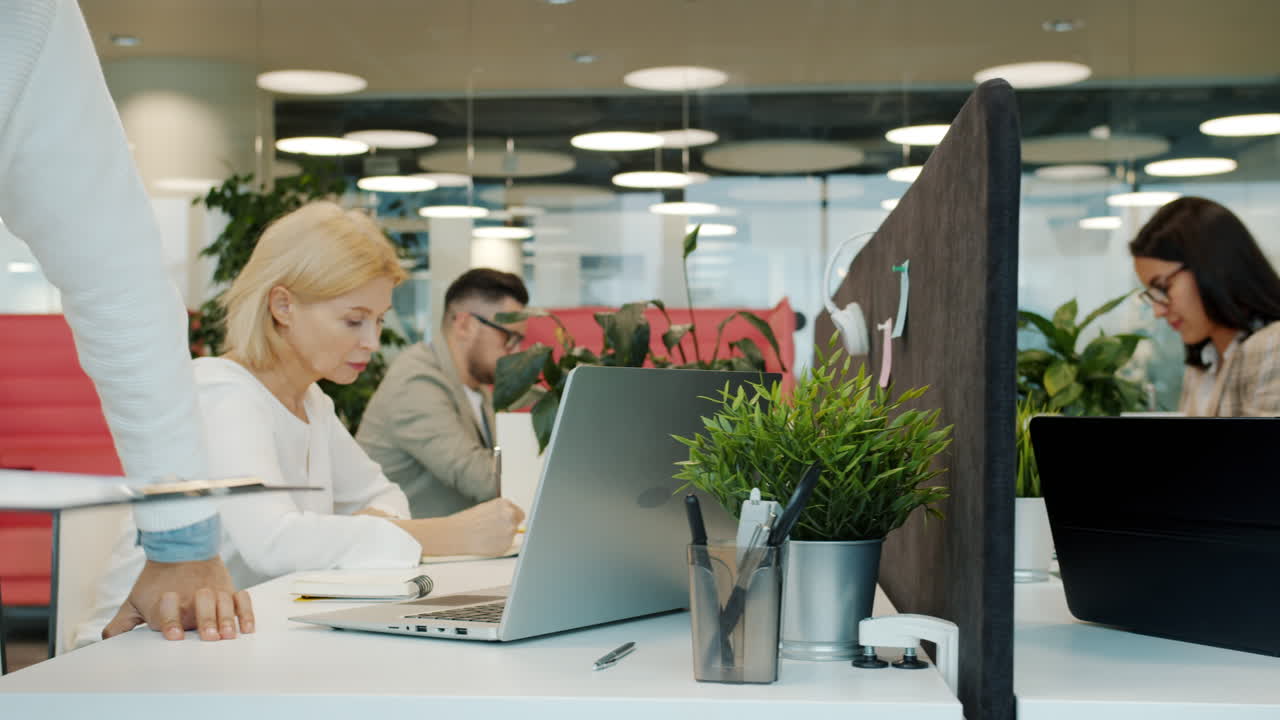 Coworkers collaborating in a modern office space
